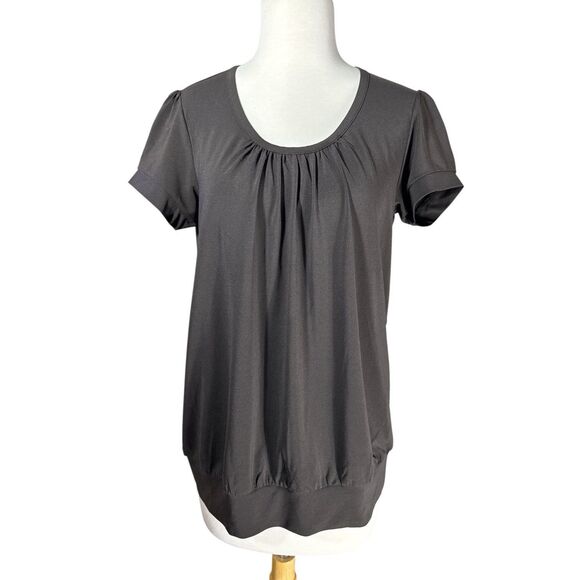 Michael Kors Slick Runched Charcoal Black Short Sleeve Stretch Top Sz L - Picture 1 of 5
